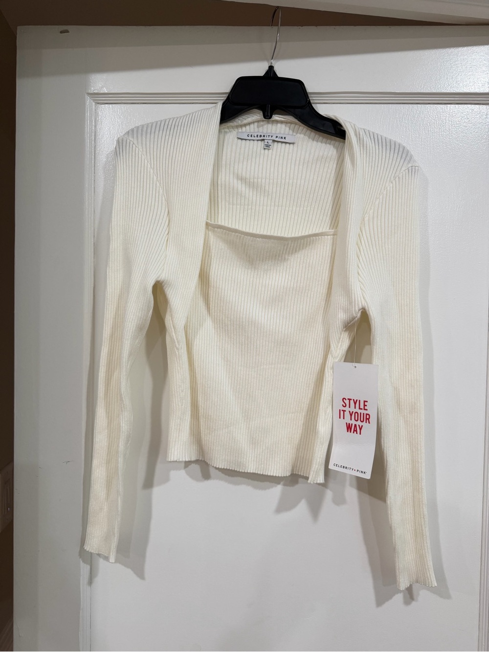 Celebrity Pink Cream Ribbed Open Cardigan with Long Sleeves